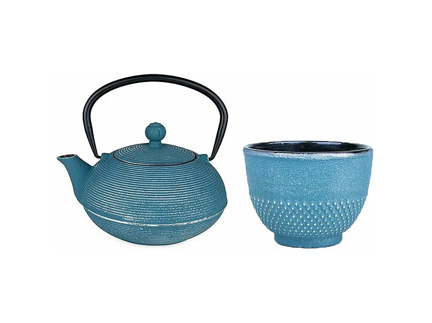 Théière en fonte Asagao bleue 0,9L + Tasse en fonte bleue et argentée