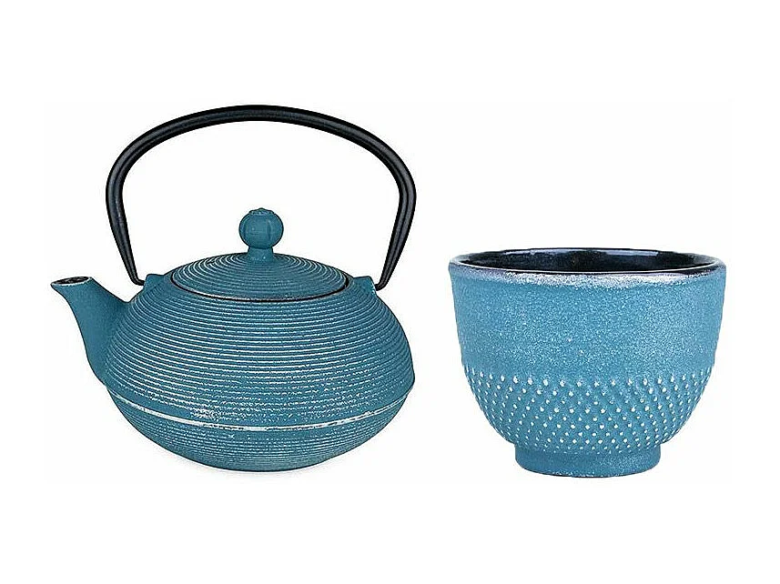 Théière en fonte Asagao bleue 0,9L + Tasse en fonte bleue et argentée