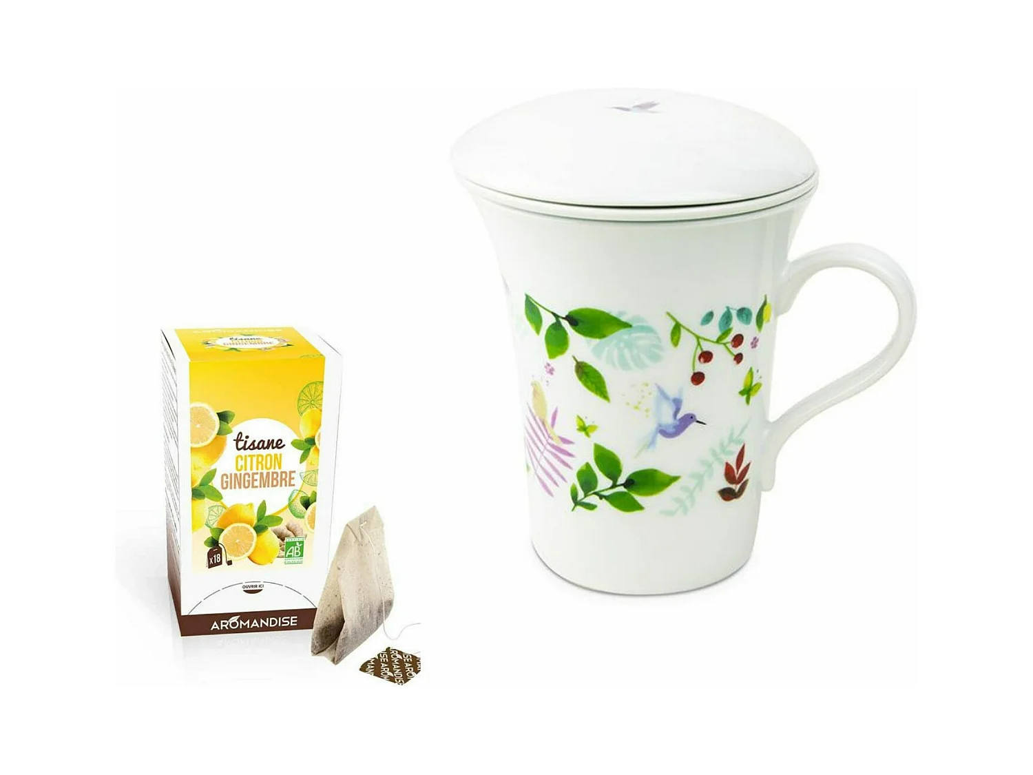 Tisanière fleurie porcelaine 250 ml + Tisane gingembre et citron bio