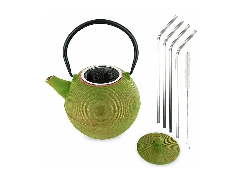 Ming gietijzeren theepot + 4 roestvrijstalen rietjes