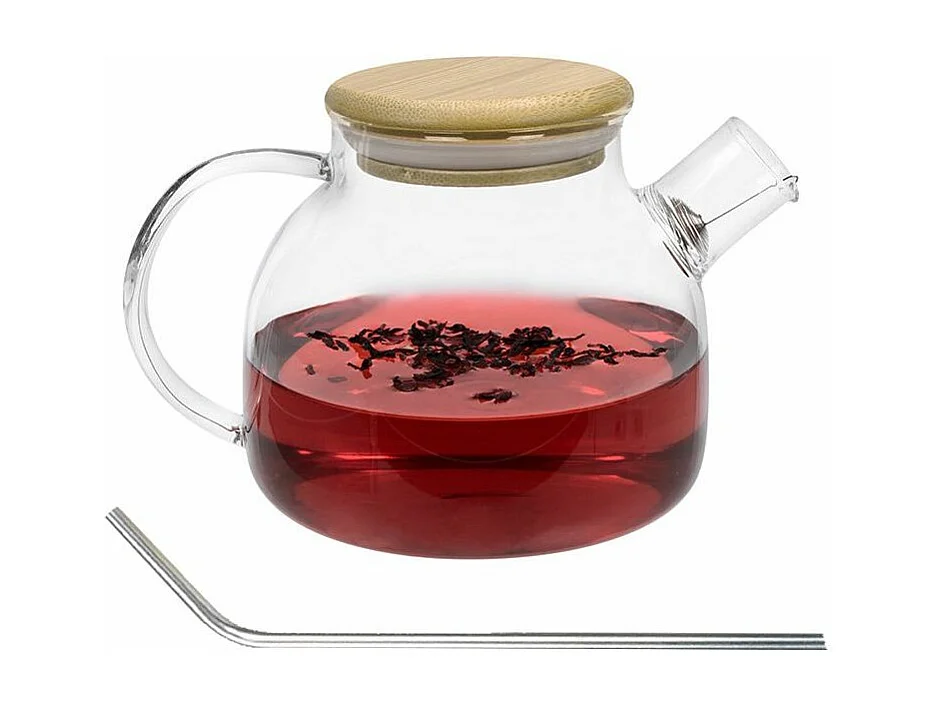Théière en verre et bambou 1 L + 4 pailles en inox
