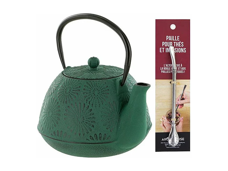 Smaragdgroene Hanami gietijzeren theepot 1,2 L + roestvrijstalen rietje met filter