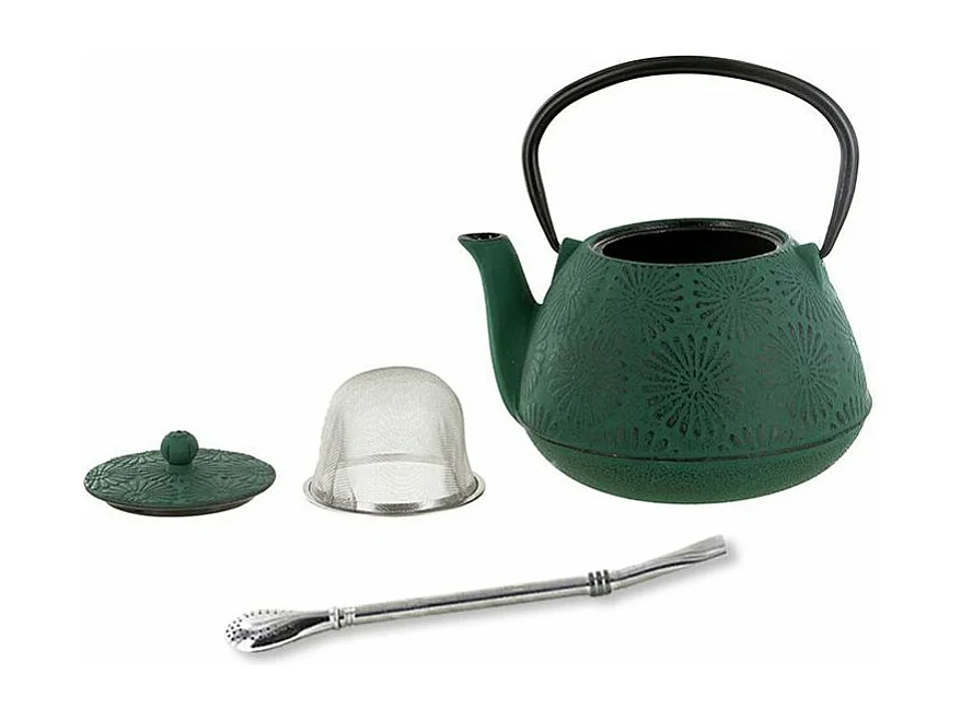 Tetera de hierro fundido Hanami verde esmeralda 1.2 L + pajita de acero inoxidable con filtro