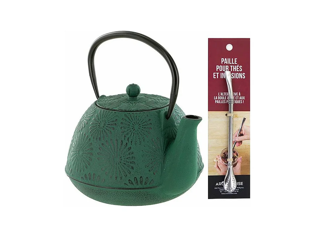 Théière en fonte Hanami vert émeraude 1,2 L + paille inox avec filtre