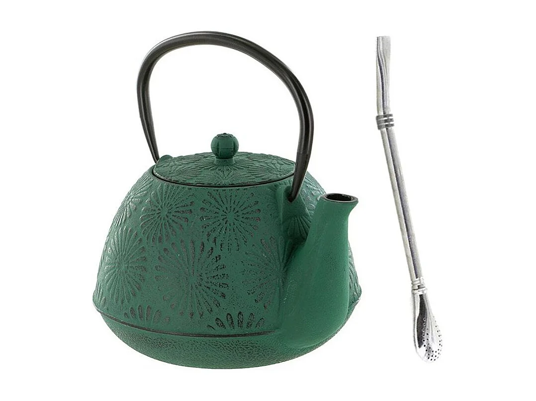 Tetera de hierro fundido Hanami verde esmeralda 1.2 L + pajita de acero inoxidable con filtro