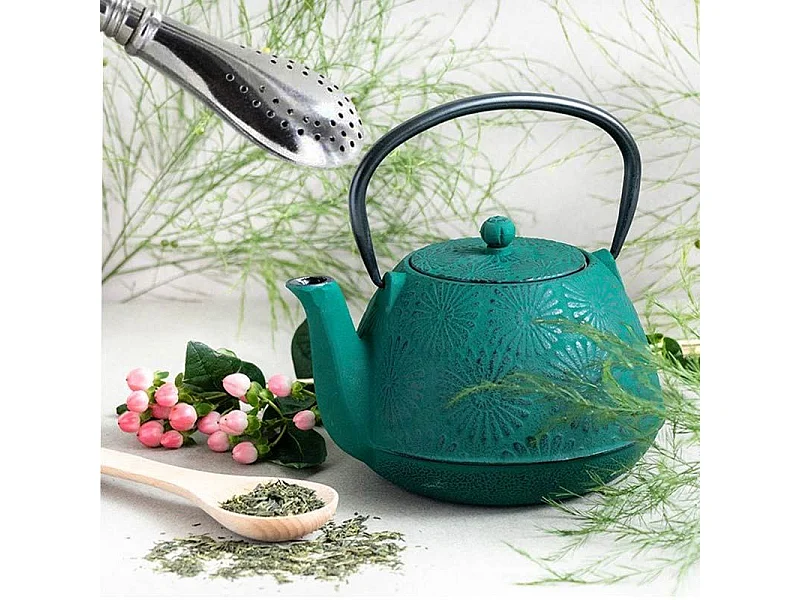 Tetera de hierro fundido Hanami verde esmeralda 1.2 L + pajita de acero inoxidable con filtro