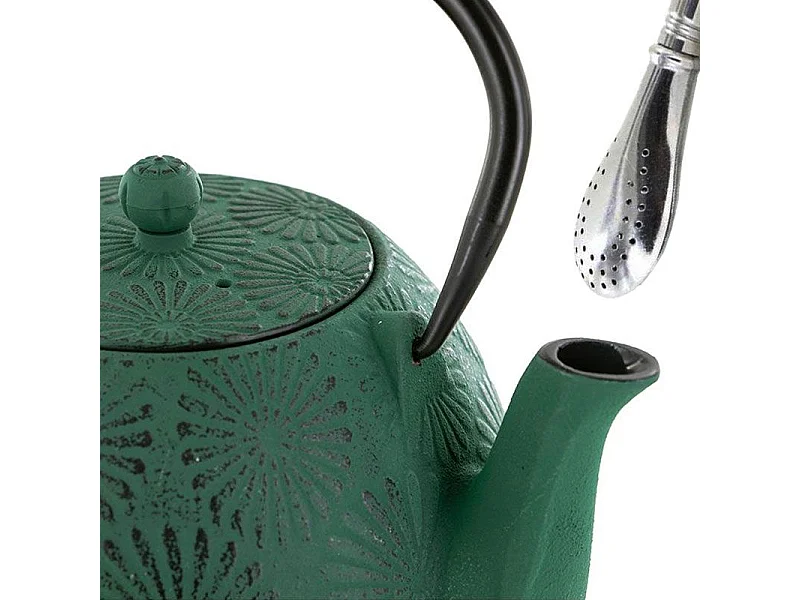 Tetera de hierro fundido Hanami verde esmeralda 1.2 L + pajita de acero inoxidable con filtro