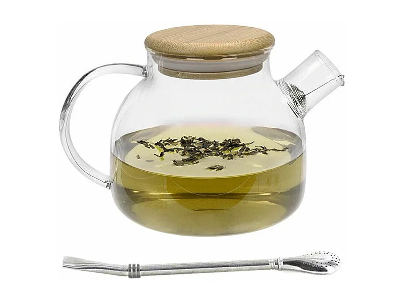 1 L theepot van glas en bamboe + roestvrijstalen rietje met filter