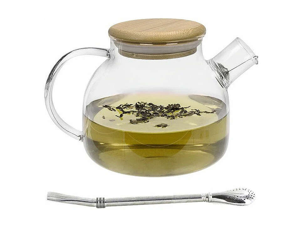 Théière en verre et bambou 1 L + paille inox avec filtre