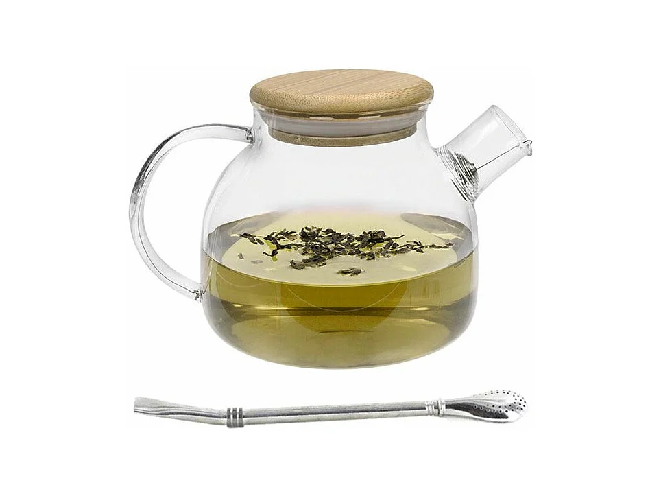 Théière en verre et bambou 1 L + paille inox avec filtre
