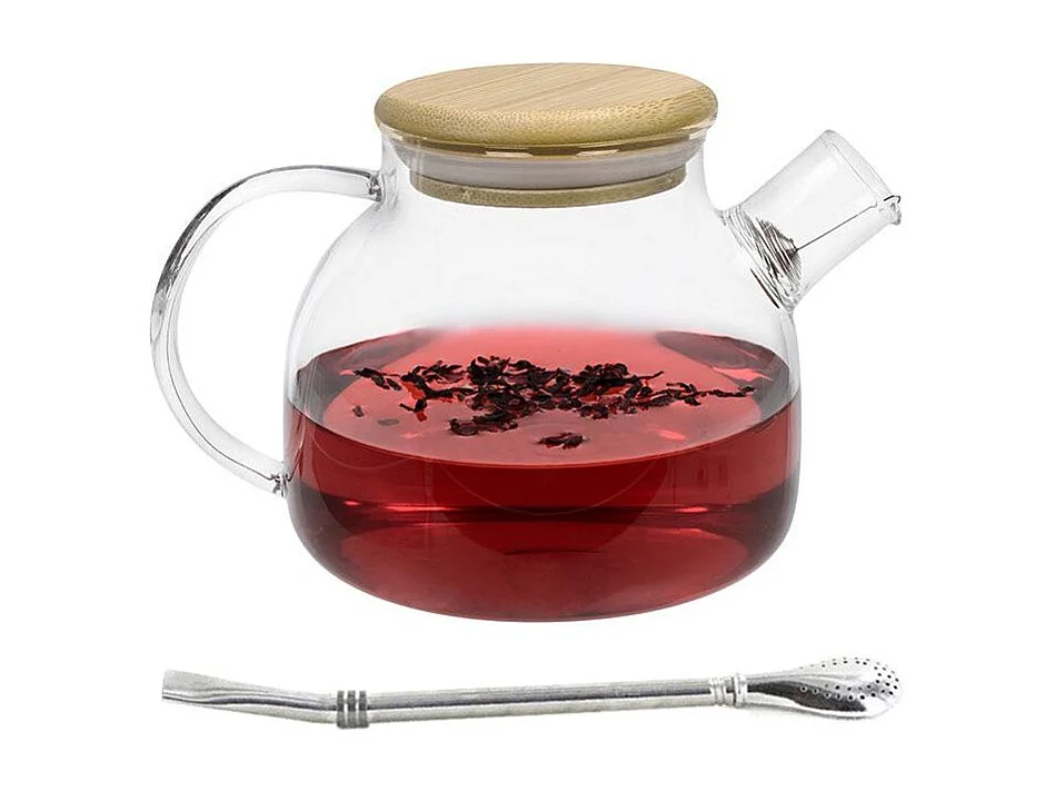 Théière en verre et bambou 1 L + paille inox avec filtre