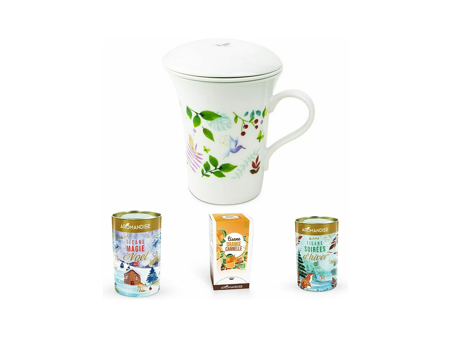 Tisanière fleurie porcelaine 250 ml + Trio tisanes festives - Soirées d'hiver,Noël,Orange Canelle