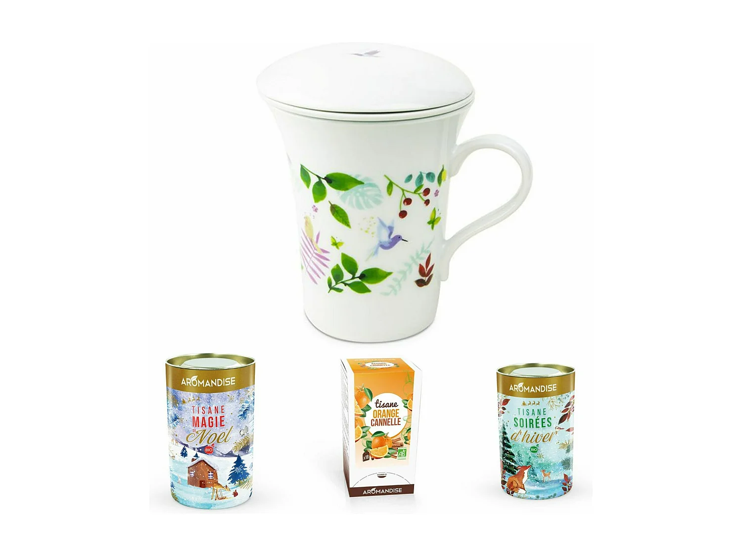 Tisanière fleurie porcelaine 250 ml + Trio tisanes festives - Soirées d'hiver,Noël,Orange Canelle