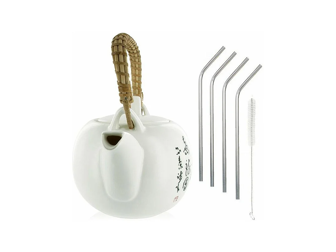 Théière Jiangxi en faïence 1 litre + 4 pailles en inox