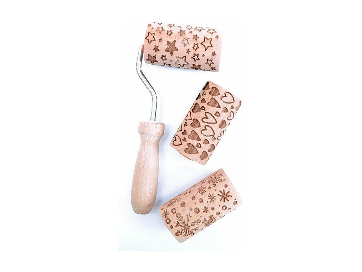 3 mini rodillos de impresión de madera - Estrellas, corazones y floretes