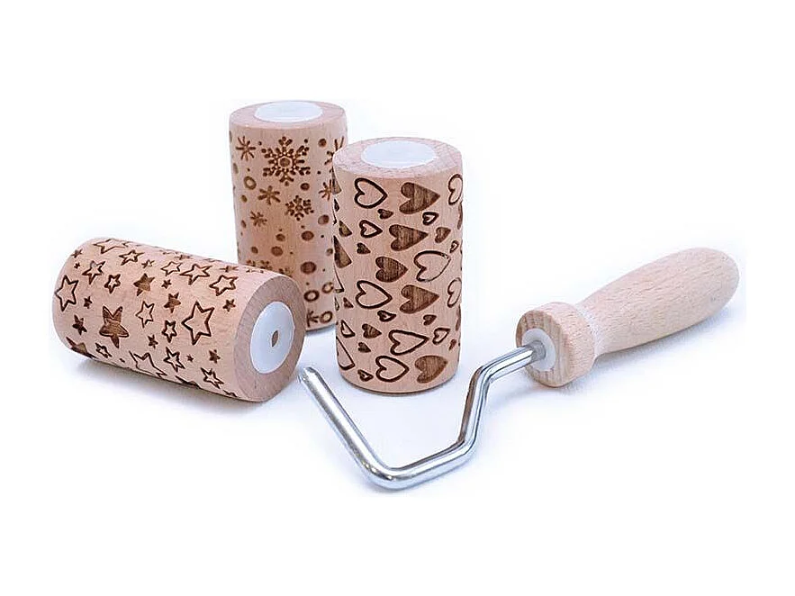 3 mini rodillos de impresión de madera - Estrellas, corazones y floretes