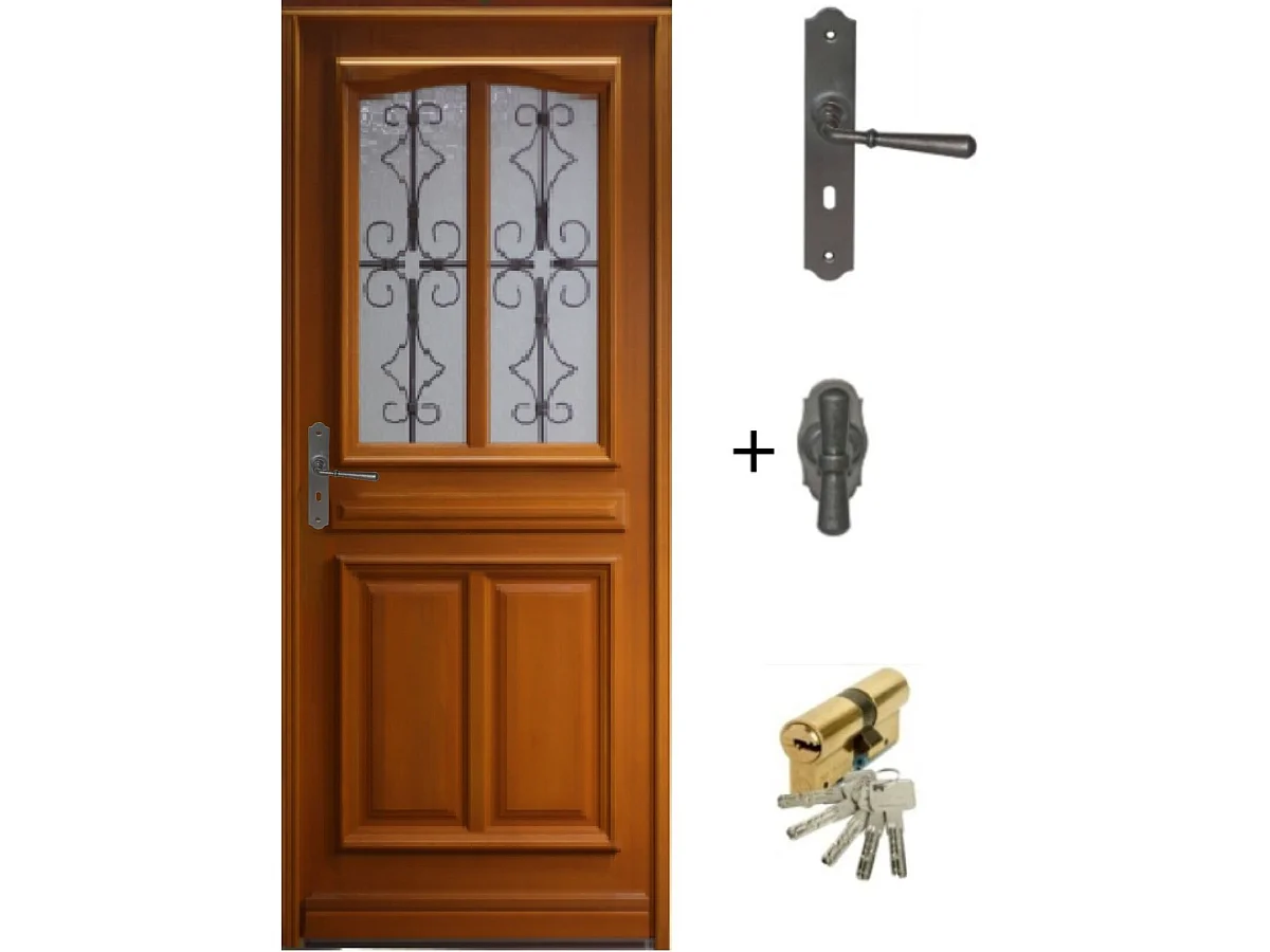 Puerta de entrada de madera con vidrio Manon, H.200 x L.90 cm, lado con tablero derecho, manija, cilindro de GD MENUISERIES sin manilla