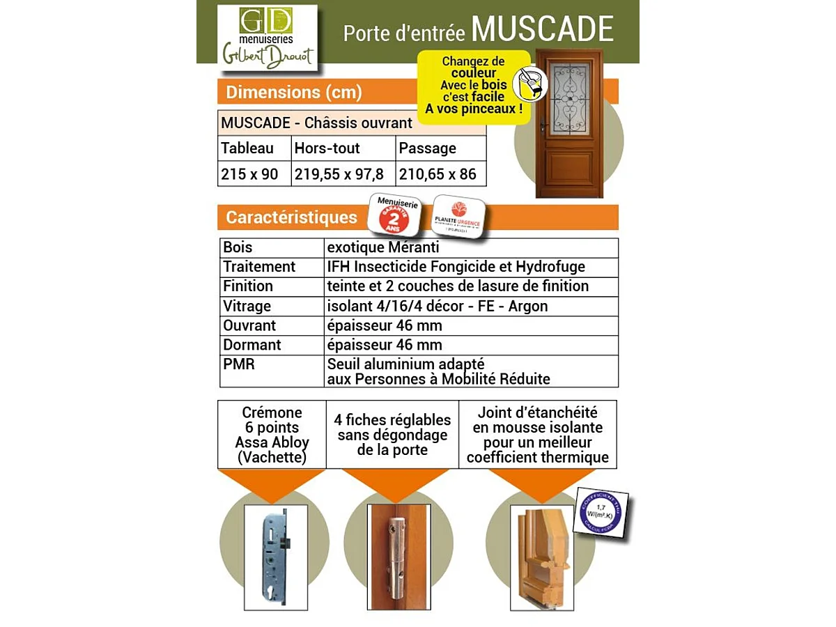 Porte d'entree Bois vitree, Candice RAL 7016, H,215xl,90 p,droit Cotes Tableau