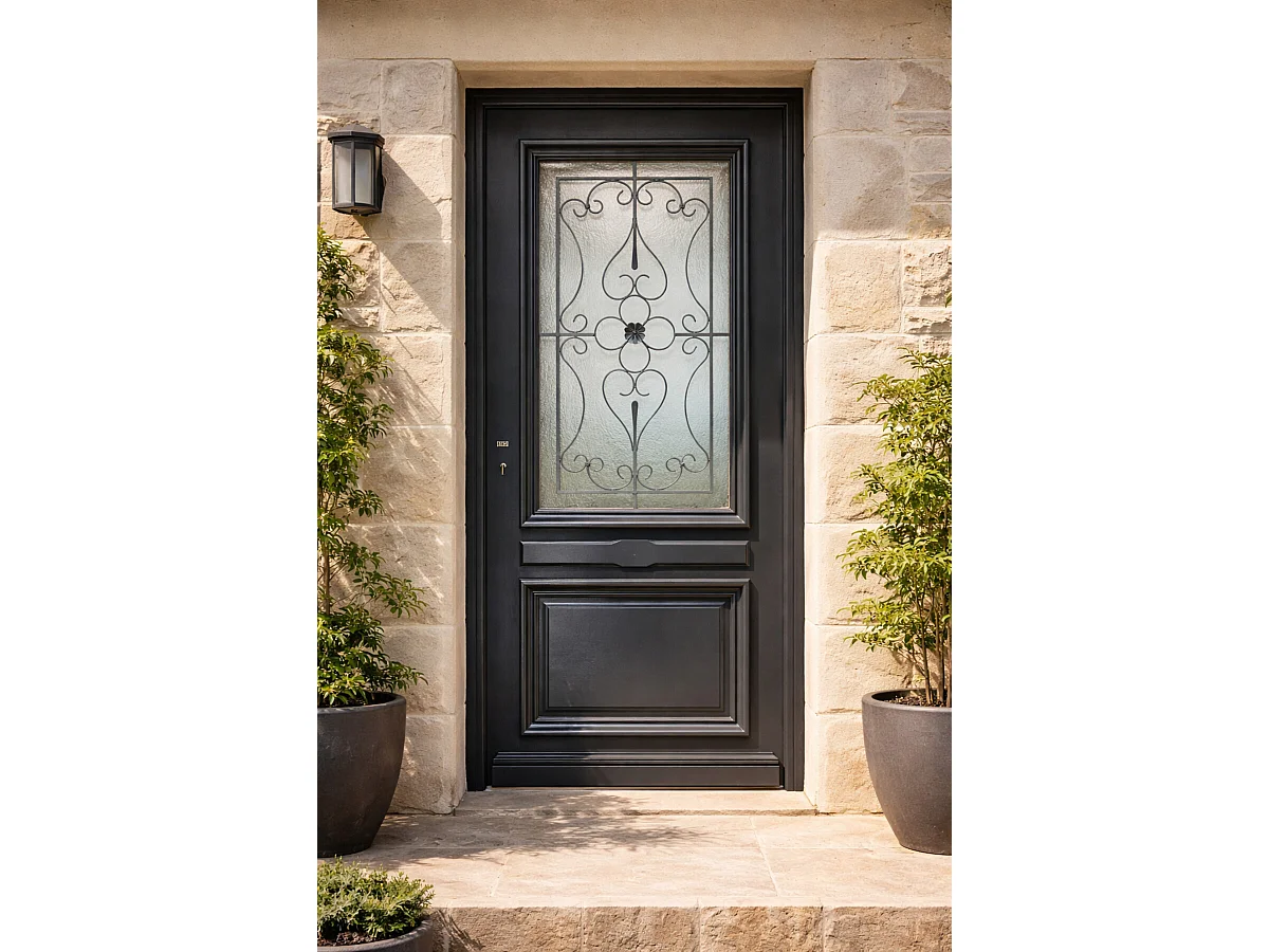 Porte d'entree Bois vitree, Candice RAL 7016, H,215xl,90 p,droit Cotes Tableau