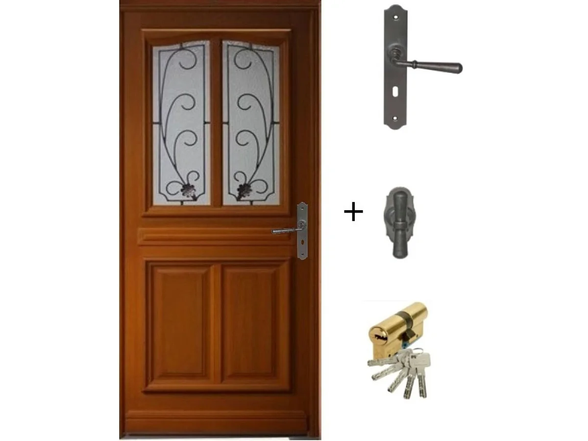 Porte D'Entree Bois Vitree, Carole, H,200Xl,80 P,Gauche + Poignée Et Barillet (Ref 010403Rfp) Cotes Tableau
