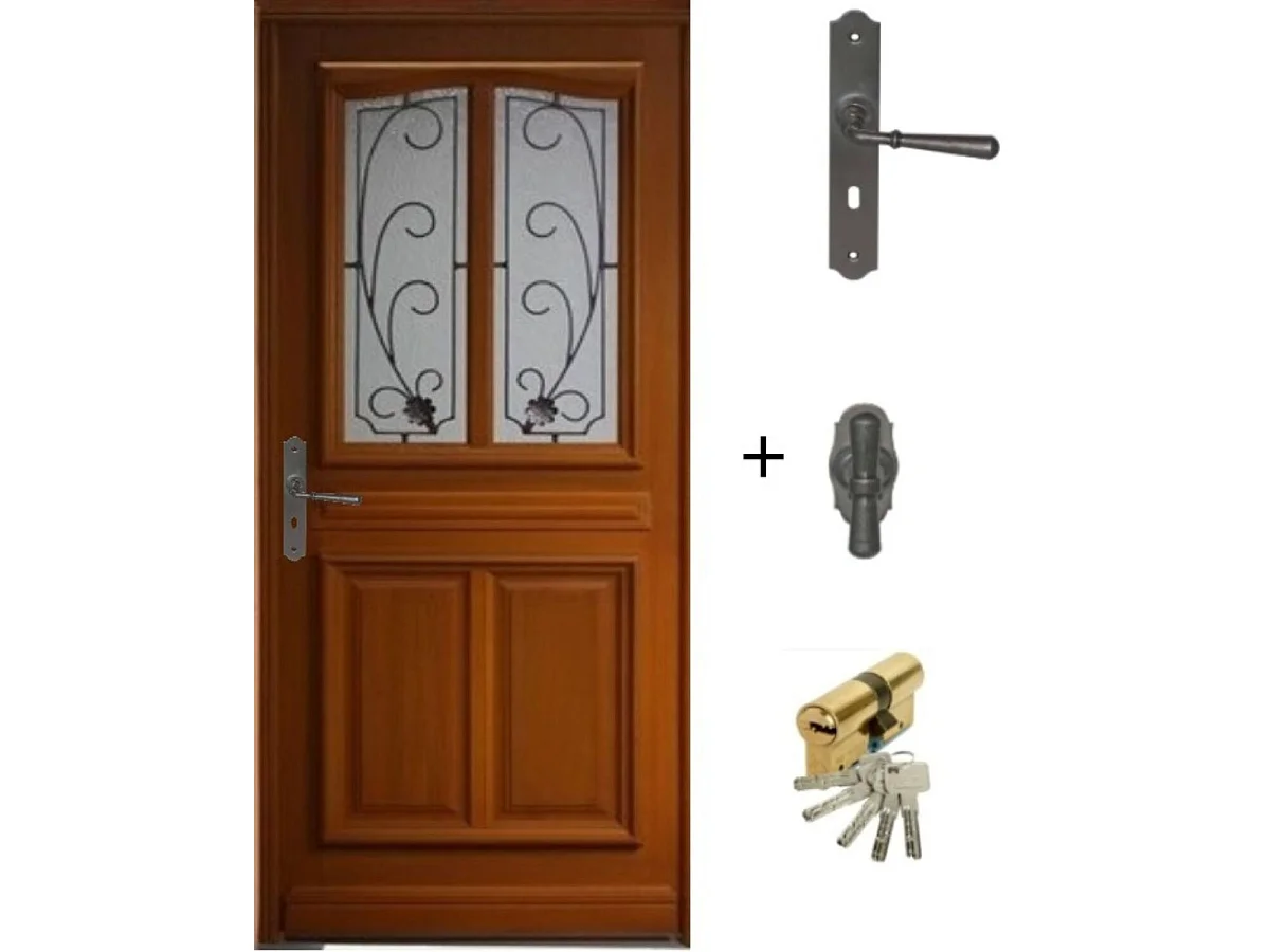 Porte D'Entree Bois Vitree, Carole, H,200Xl,80 P, Droit + Poignée Et Barillet (Ref 010403Rfp)Cotes Tableau