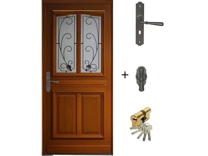 Geglazuurde houten toegangsdeur, Carole, H.200xl.80 p. rechts + handvat en ton (ref 010403RFP)Afmetingentabel