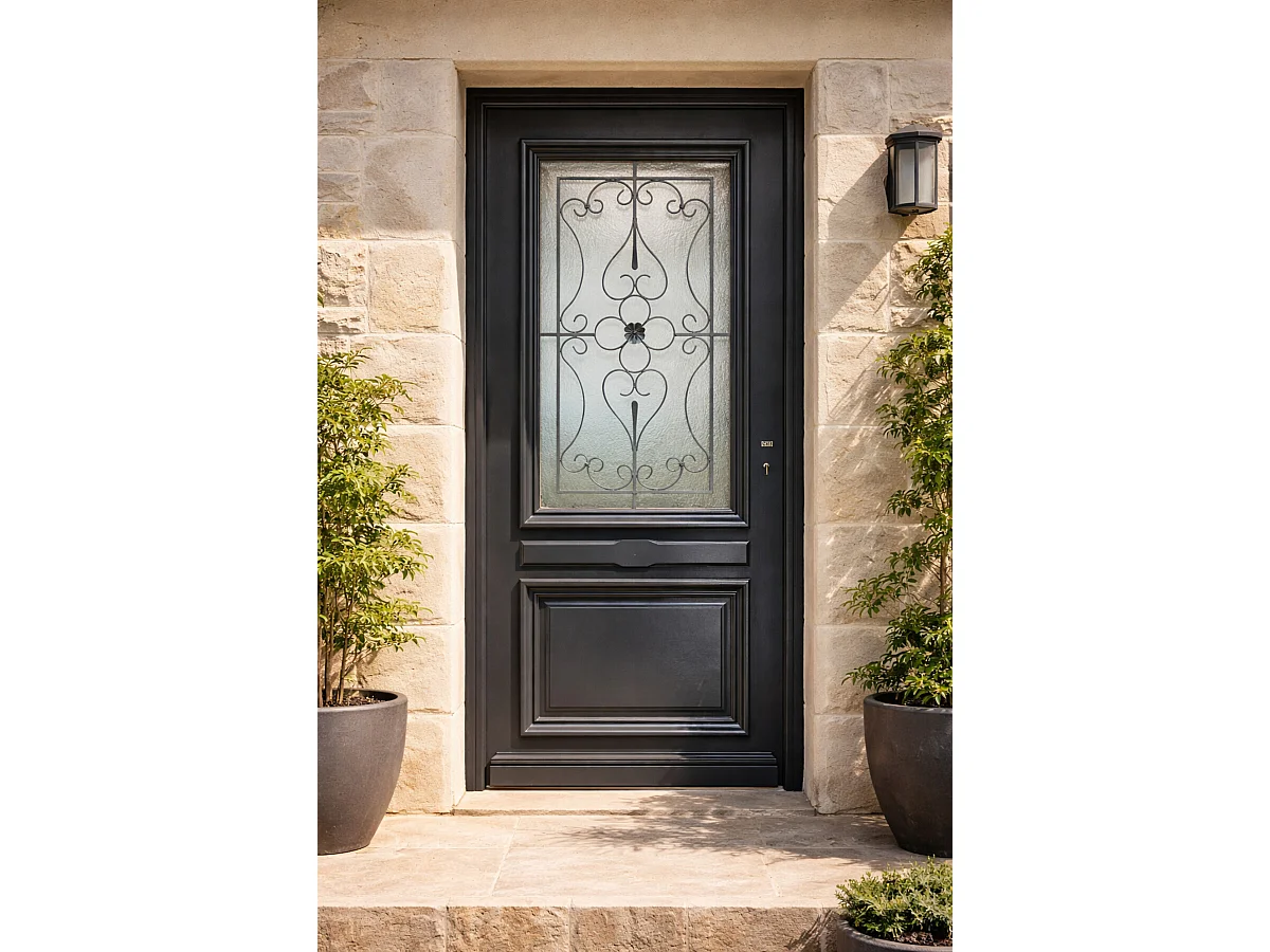 Porte d'entree Bois vitree, Candice RAL 7016, H,215xl,90 p,gauche Cotes Tableau