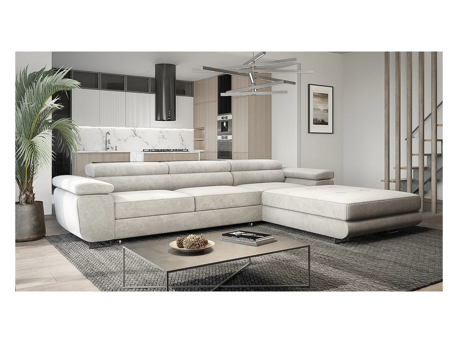 Emporius Sorlo Twin Droit Canapé d'angle 280 cm, Coffre de Rangement, têtières réglables - Canapé d'angle Convertible Gris clair (Monolith 84)