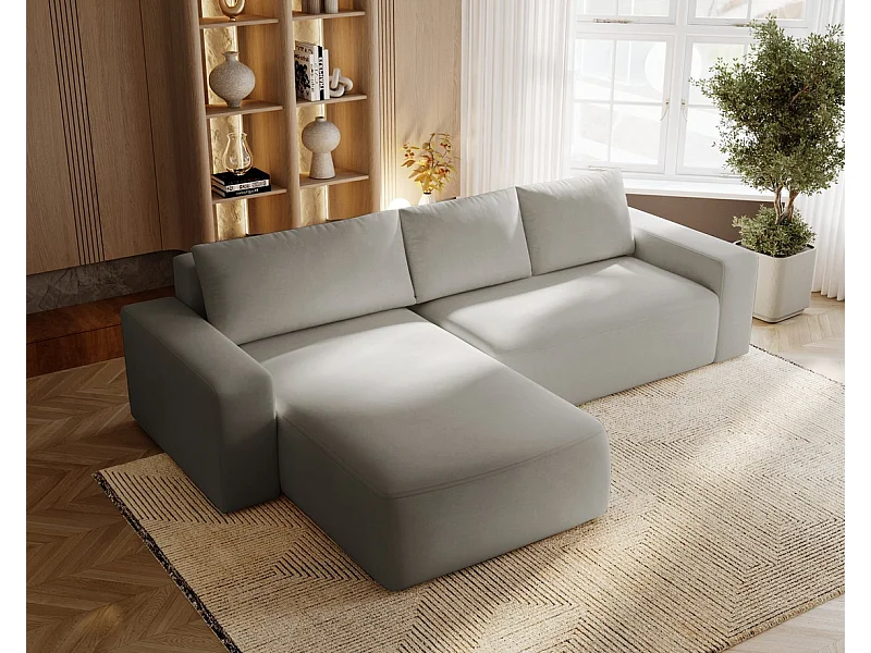 Emporius Aldo L narożnik do salonu - sofa z funkcją spania i pojemnikiem - nowoczesny styl, lewostronny, tkanina aksamitna, jasny szary (Komodo 20)
