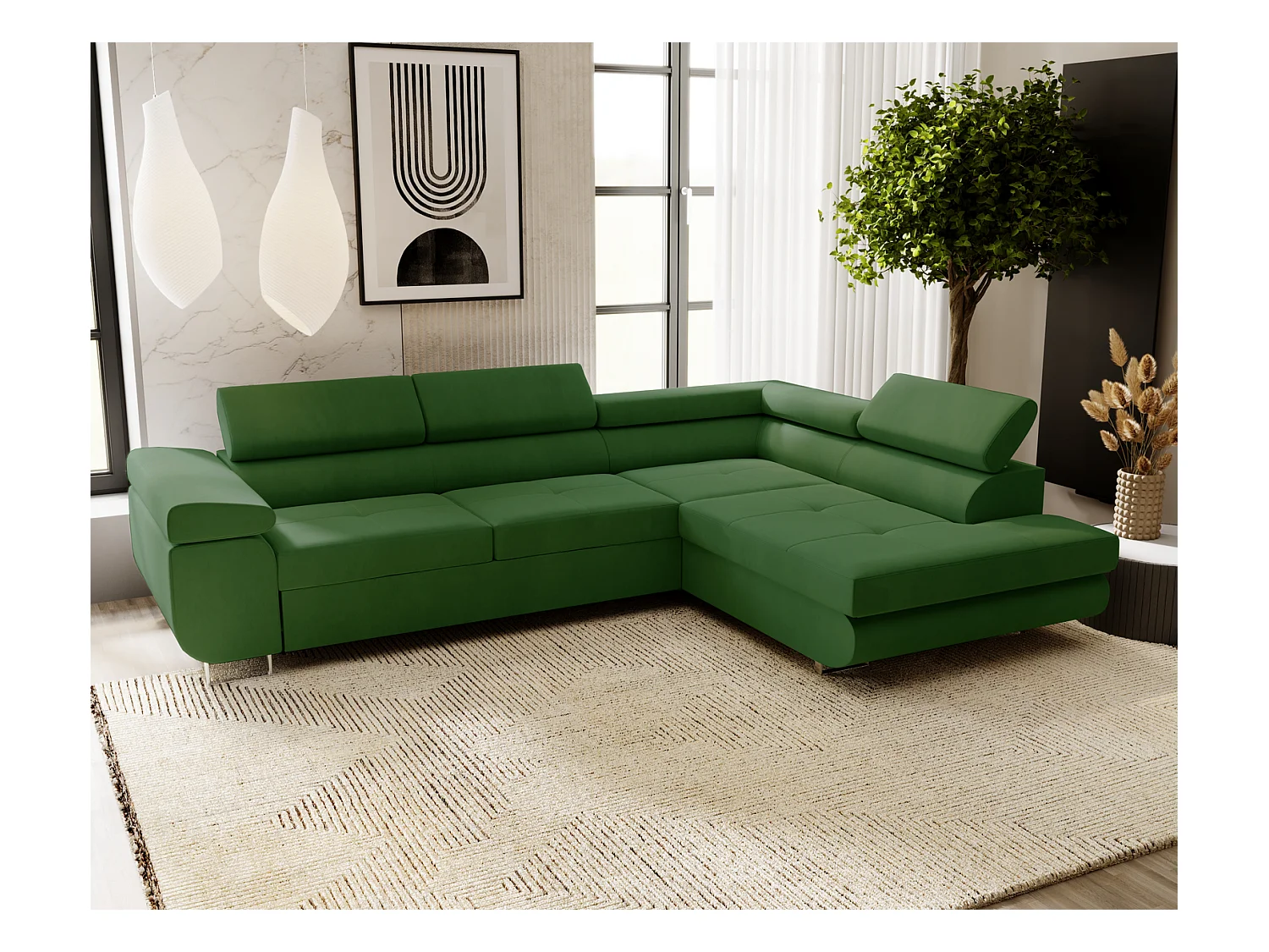 Emporius Sorlo Droit Canapé d'angle avec Coffre de Rangement, têtières réglables - Canapé d'angle Convertible Vert (Amor Velvet 4311)