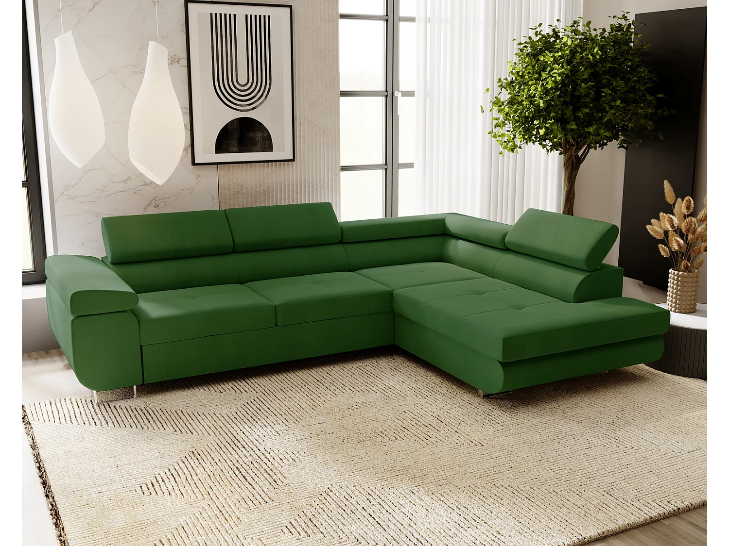 Emporius Sorlo Rechts Ecksofa mit Schlaffunktion - Eckcouch mit Bettkasten, Sofa L-Form Grün (Amor Velvet 4311)