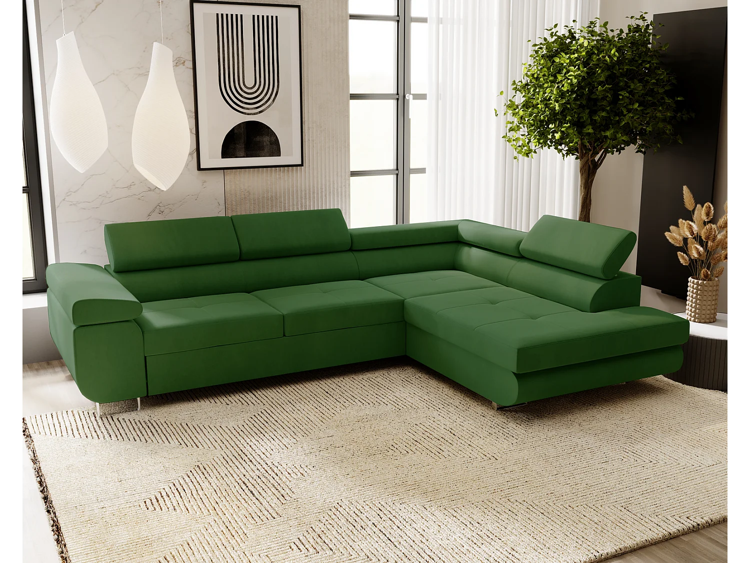 Emporius Sorlo narożnik z funkcją spania i pojemnikiem - regulowane zagłówki, prawostronny, tkanina aksamitna, zielony (Amor Velvet 4311)