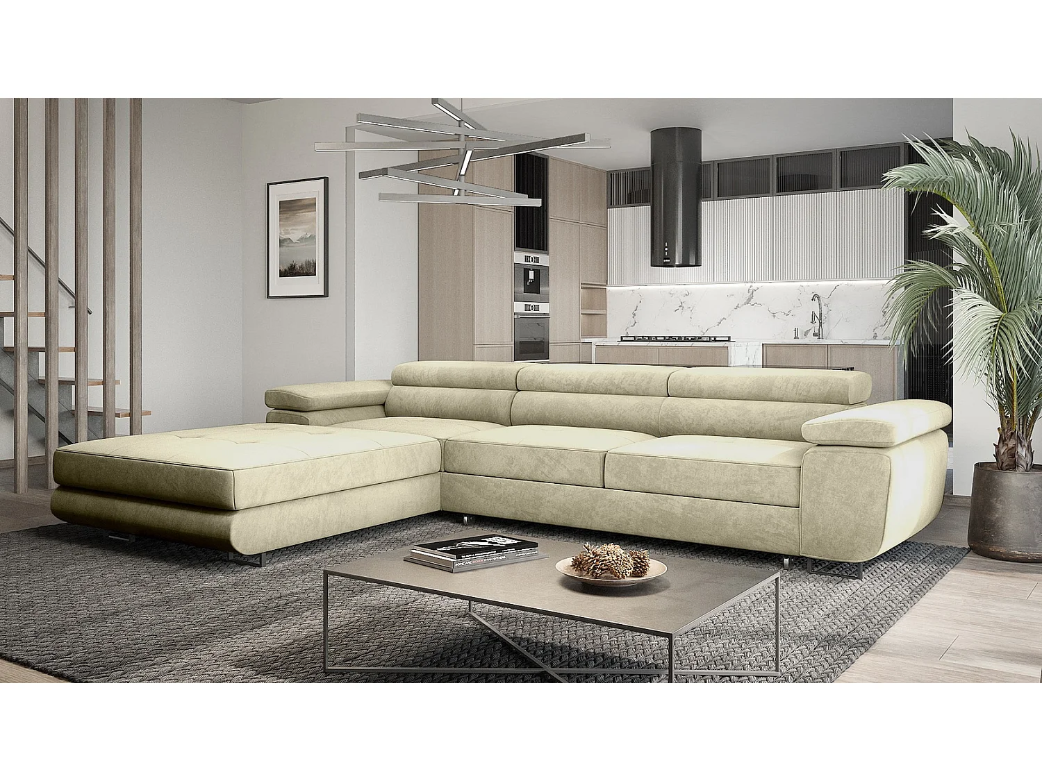 Emporius Sorlo Twin links Hoekbank met slaapfunctie - 3-zitsbank, sofa 280 cm met bedlade beige (Monolith 02)