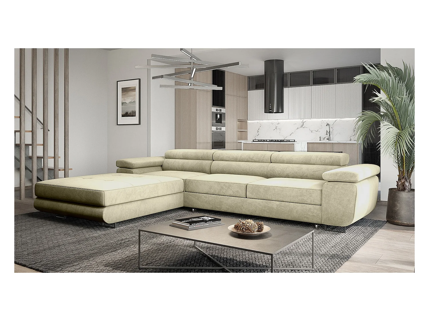 Emporius Sorlo Twin Gauche Canapé d'angle 280 cm, Coffre de Rangement, têtières réglables - Canapé d'angle Convertible Beige (Monolith 02)