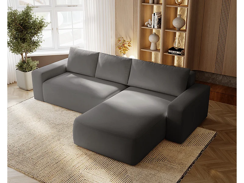 Emporius Aldo L narożnik do salonu - sofa z funkcją spania i pojemnikiem - nowoczesny styl, prawostronny, tkanina aksamitna, szary (Komodo 21)