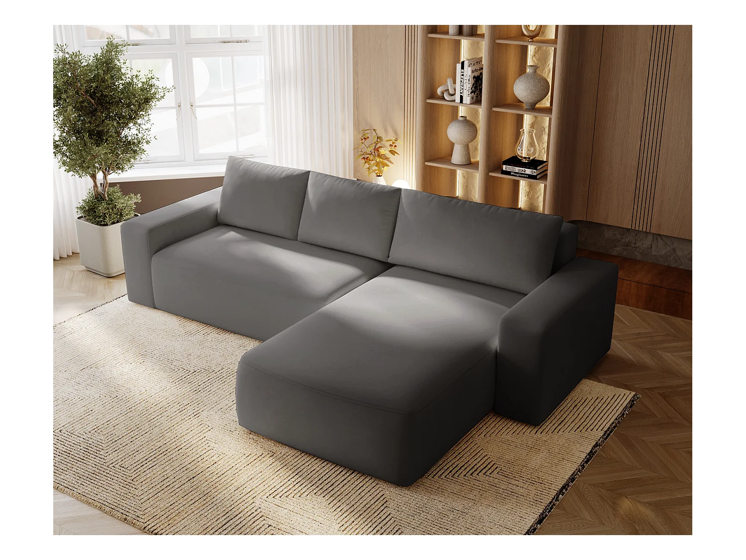 Emporius Aldo L Droit Canapé d'angle Convertible avec Coffre de Rangement - Canapé 3 Places 250x165 cm, Canapé Lit Gris (Komodo 21)
