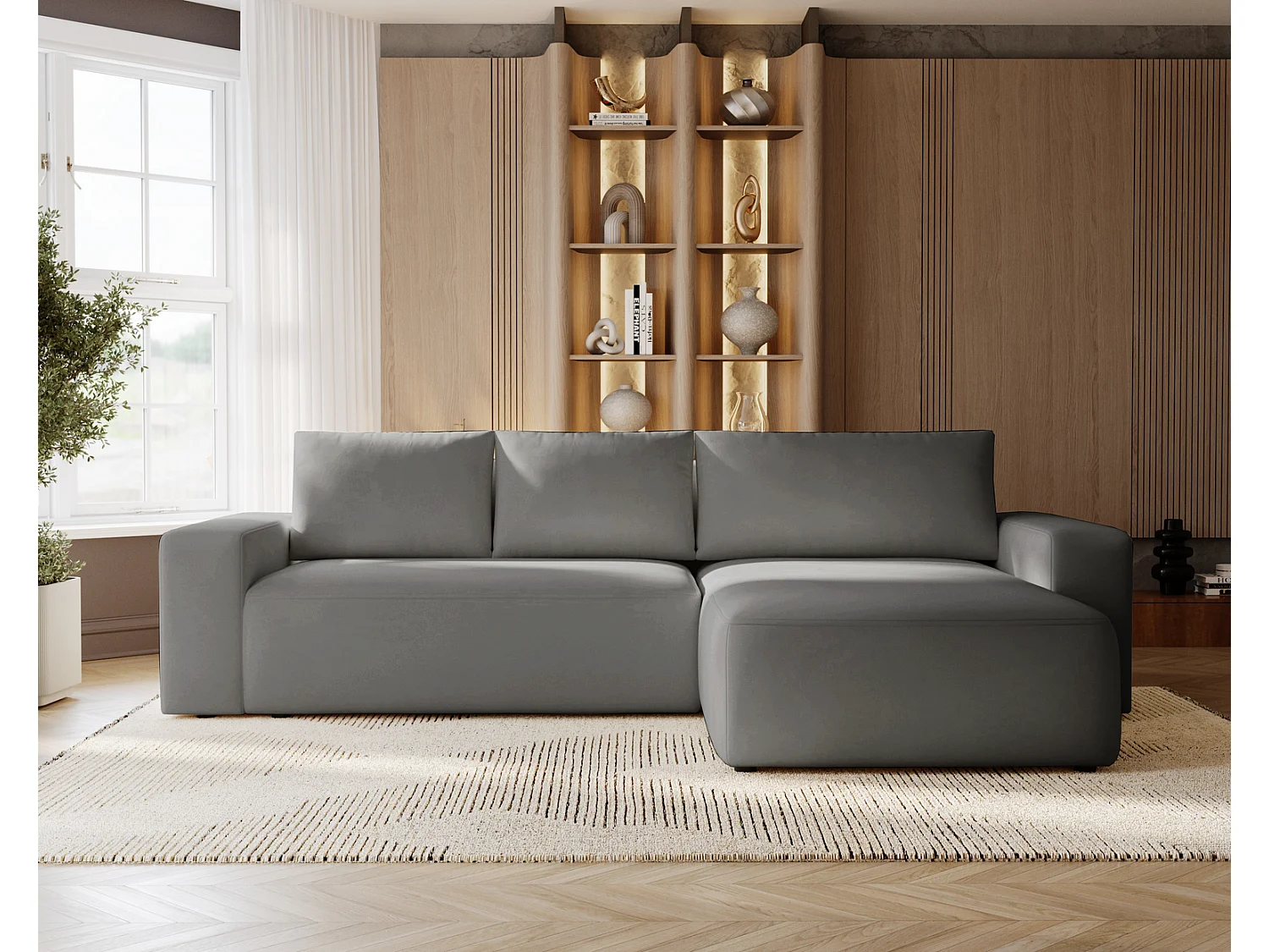 Emporius Aldo L Droit Canapé d'angle Convertible avec Coffre de Rangement - Canapé 3 Places 250x165 cm, Canapé Lit Gris (Komodo 21)