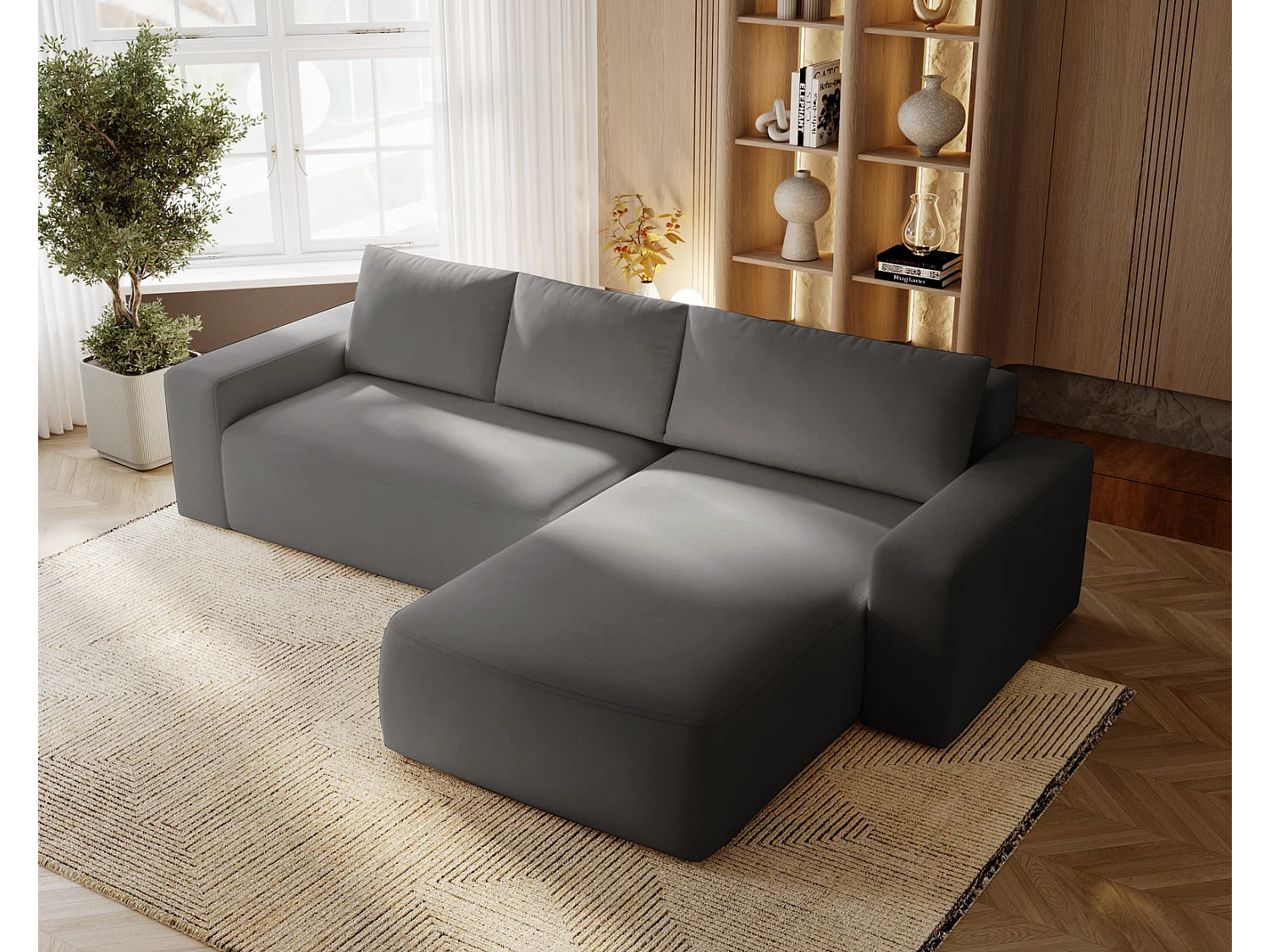 Emporius Aldo L narożnik do salonu - sofa z funkcją spania i pojemnikiem - nowoczesny styl, prawostronny, tkanina aksamitna, szary (Komodo 21)