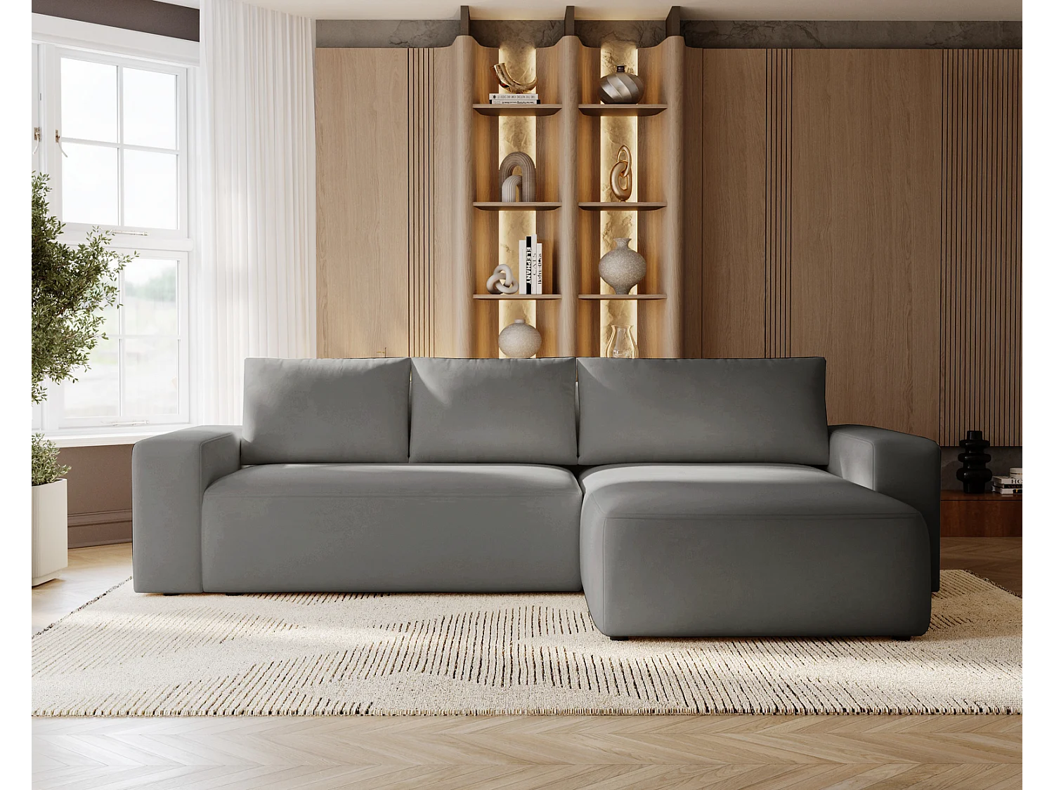 Emporius Aldo L narożnik do salonu - sofa z funkcją spania i pojemnikiem - nowoczesny styl, prawostronny, tkanina aksamitna, szary (Komodo 21)