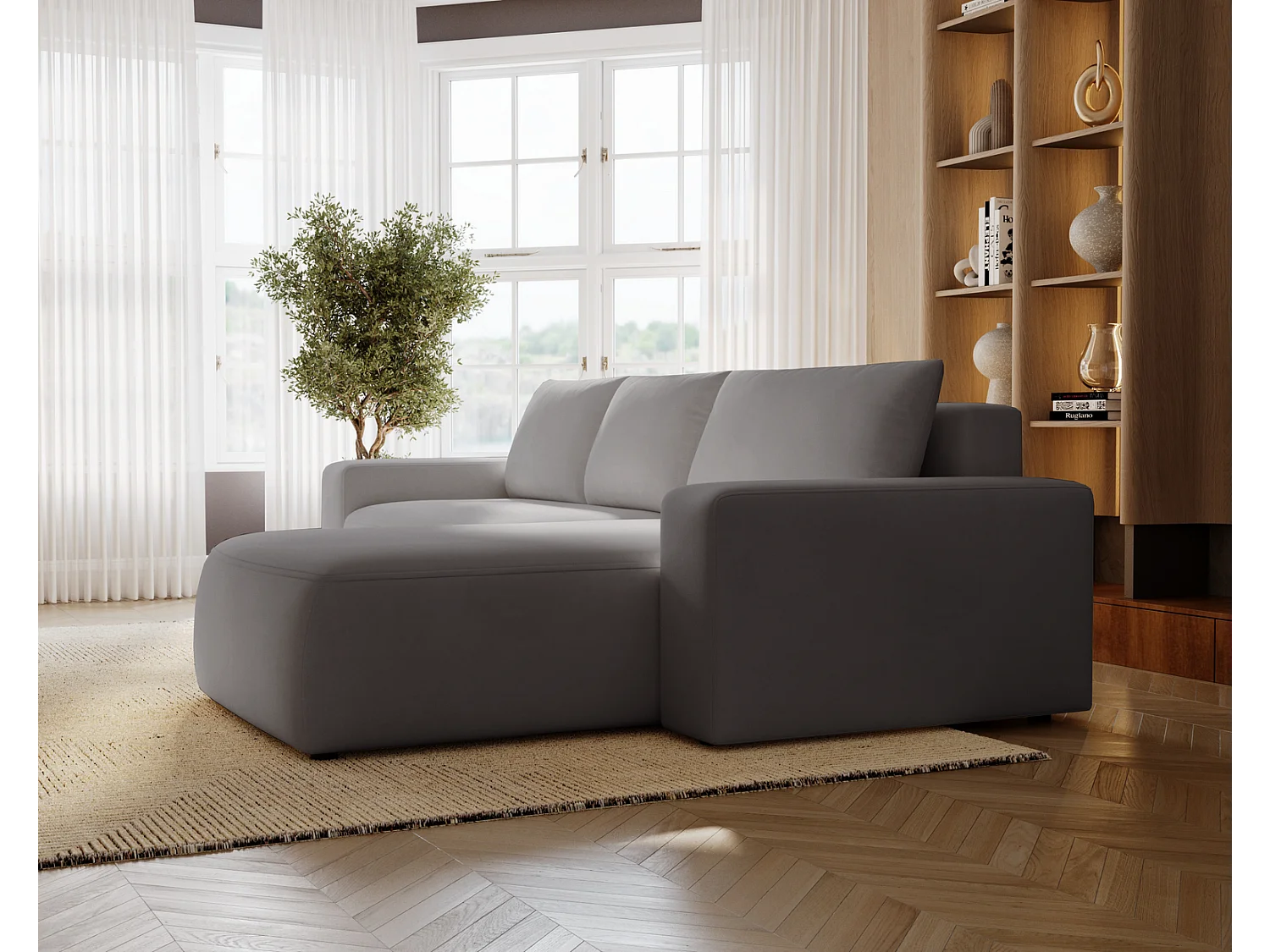 Emporius Aldo L narożnik do salonu - sofa z funkcją spania i pojemnikiem - nowoczesny styl, prawostronny, tkanina aksamitna, szary (Komodo 21)