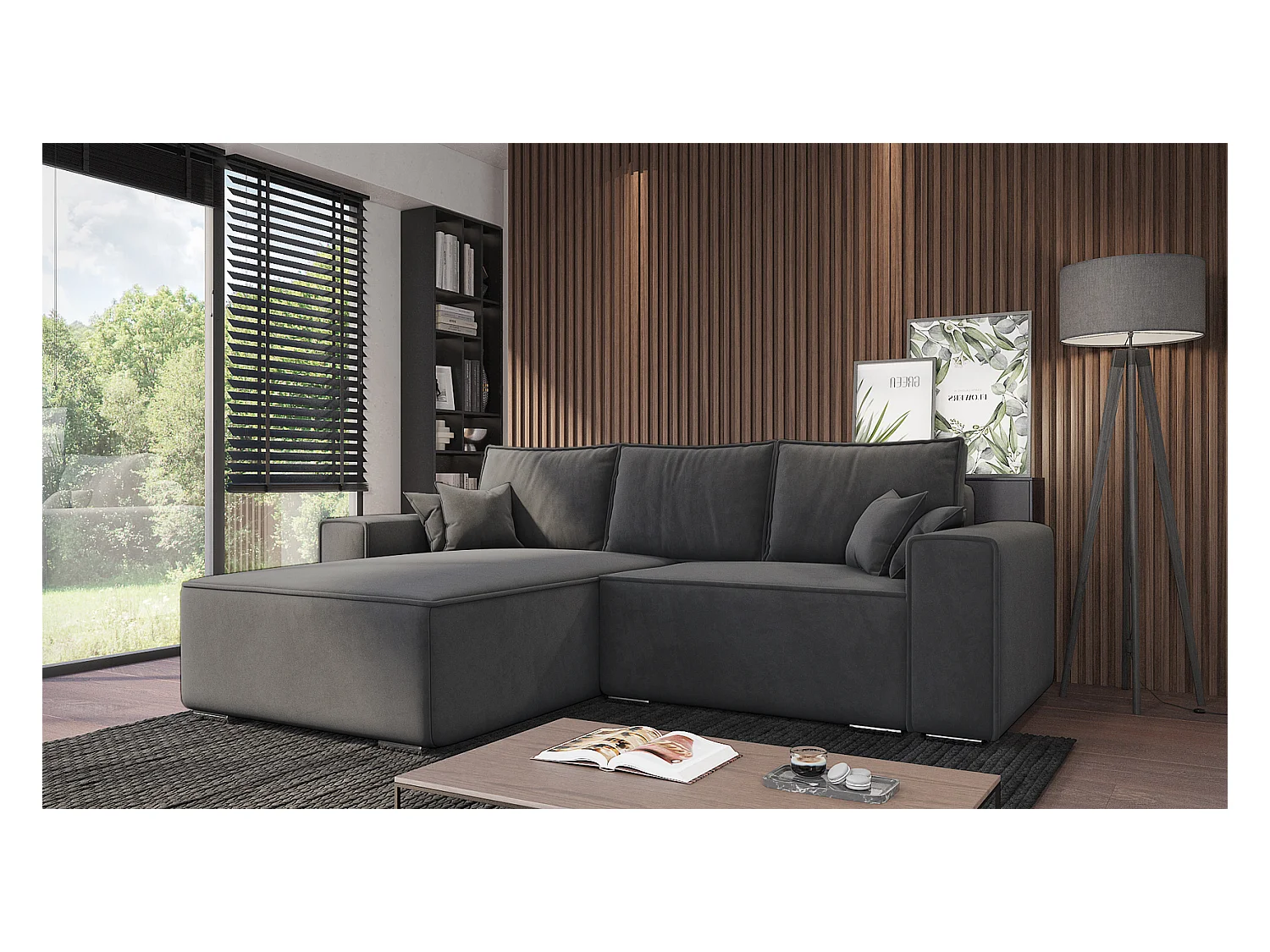 Emporius Lora Gauche Canapé d'angle avec Coffre de Rangement - Canapé d'angle Convertible Gris foncé (Amor Velvet 4321)
