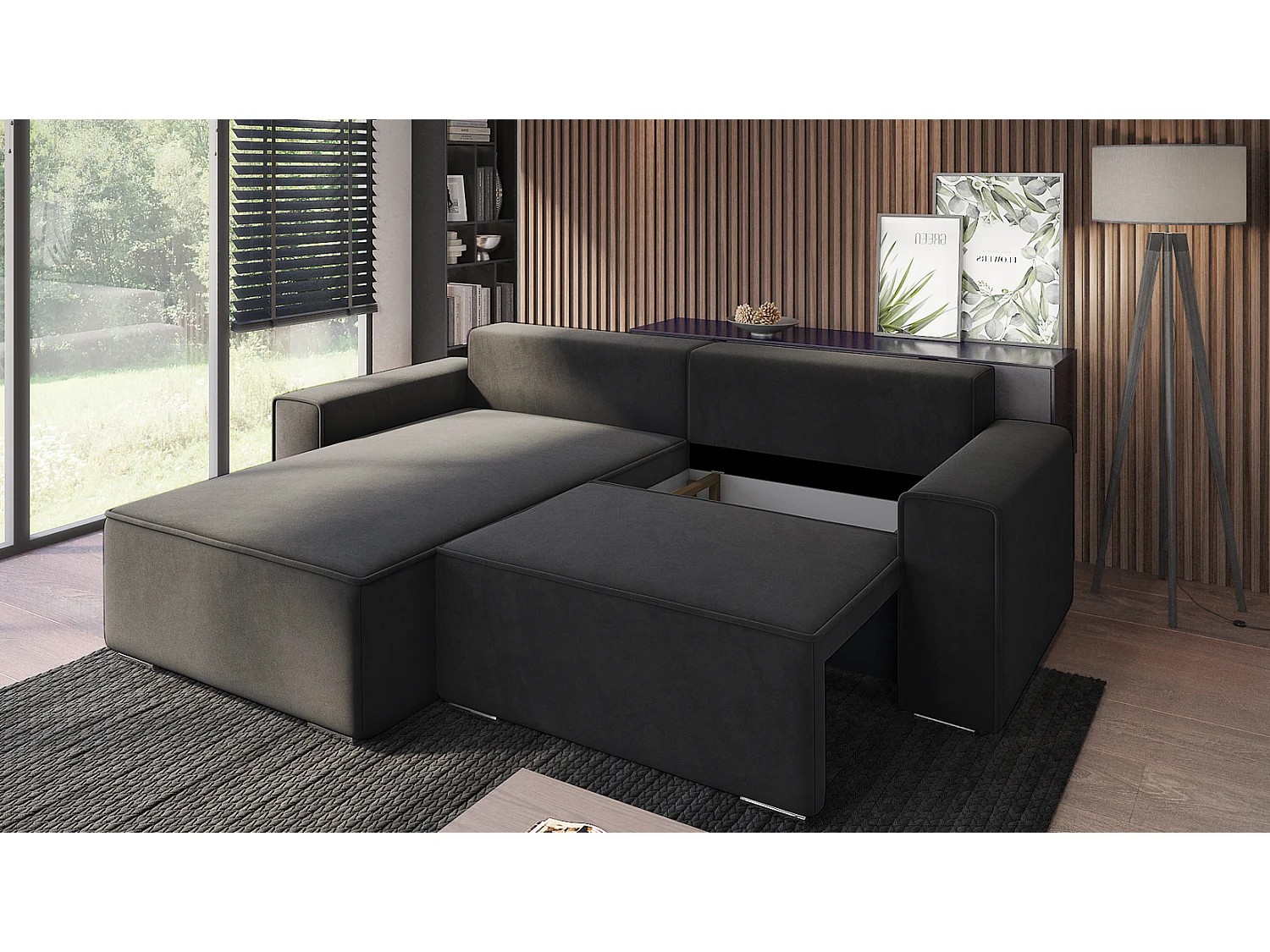 Emporius Lora links Hoekbank 250 cm, sofa met slaapfunctie en bedlade, woonkamerbank, 3-zitsbank donkergrijs (Amor Velvet 4321)