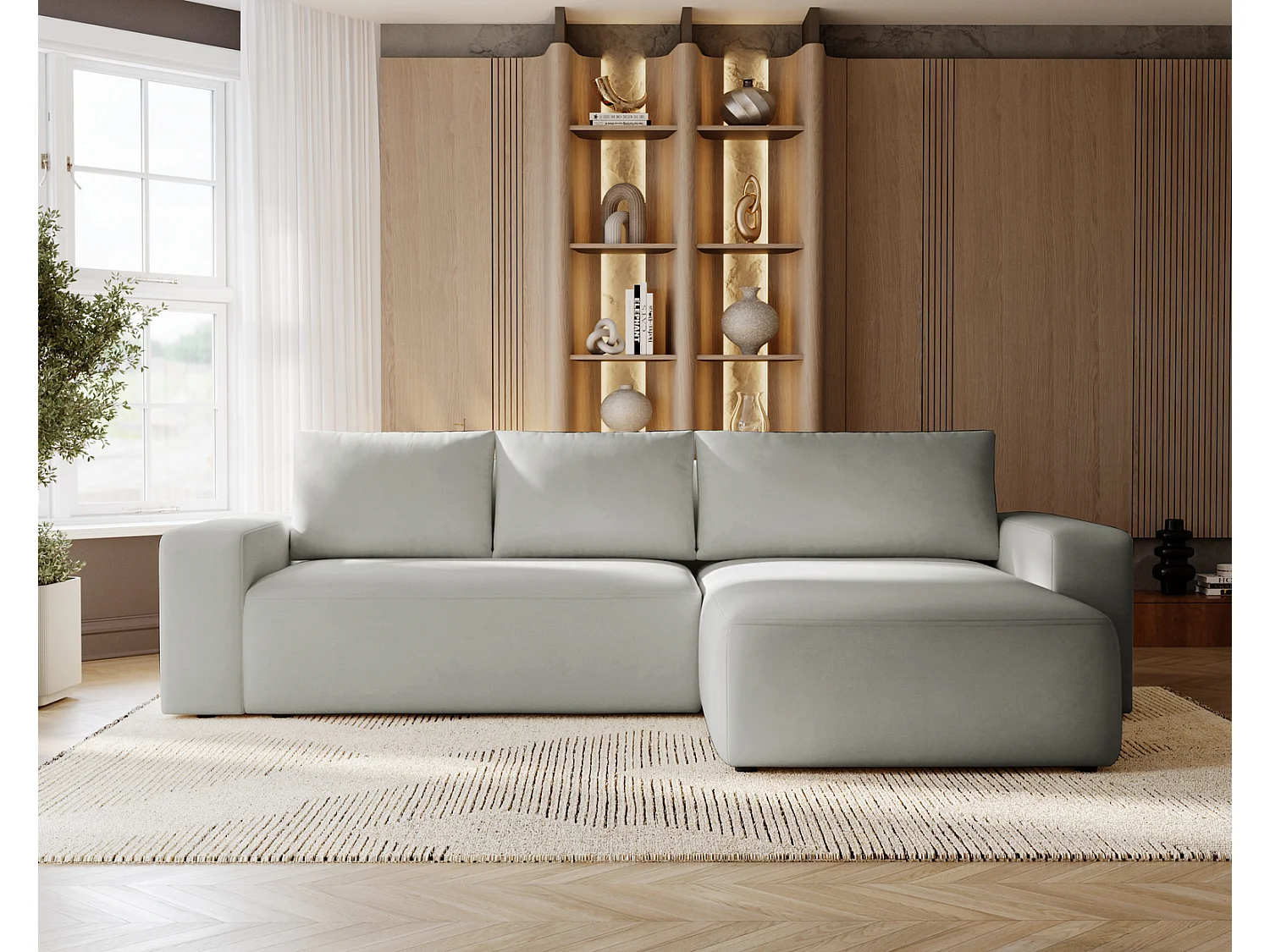 Emporius Aldo L Droit Canapé d'angle Convertible avec Coffre de Rangement - Canapé 3 Places 250x165 cm, Canapé Lit Gris clair (Komodo 20)