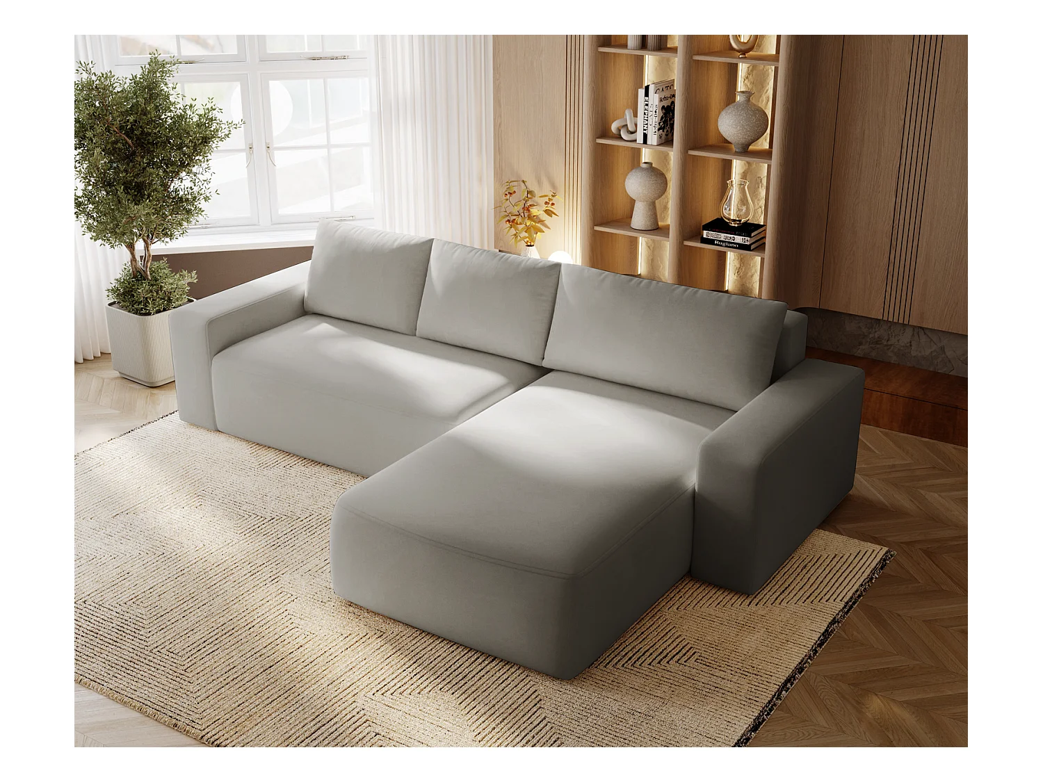 Emporius Aldo L Droit Canapé d'angle Convertible avec Coffre de Rangement - Canapé 3 Places 250x165 cm, Canapé Lit Gris clair (Komodo 20)