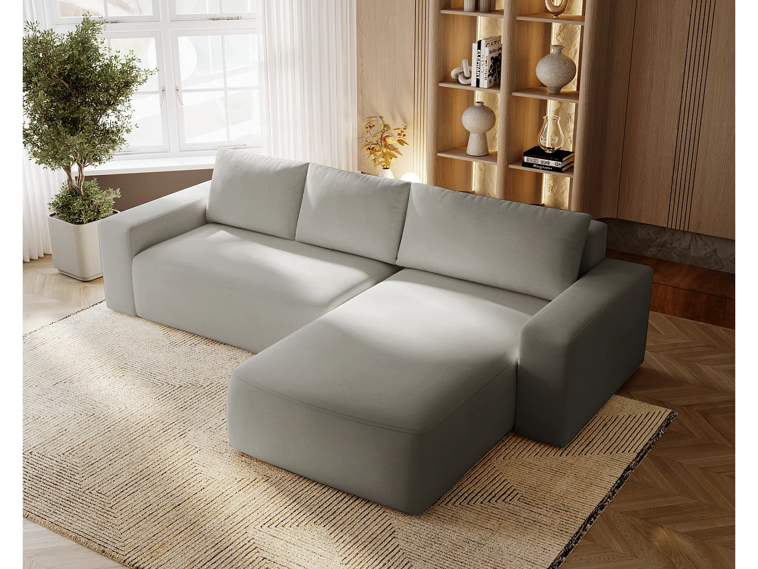 Emporius Aldo L rechts Hoekbank met slaapfunctie en bedlade, Sofa 250x165 cm - woonkamerbank lichtgrijs (Komodo 20)