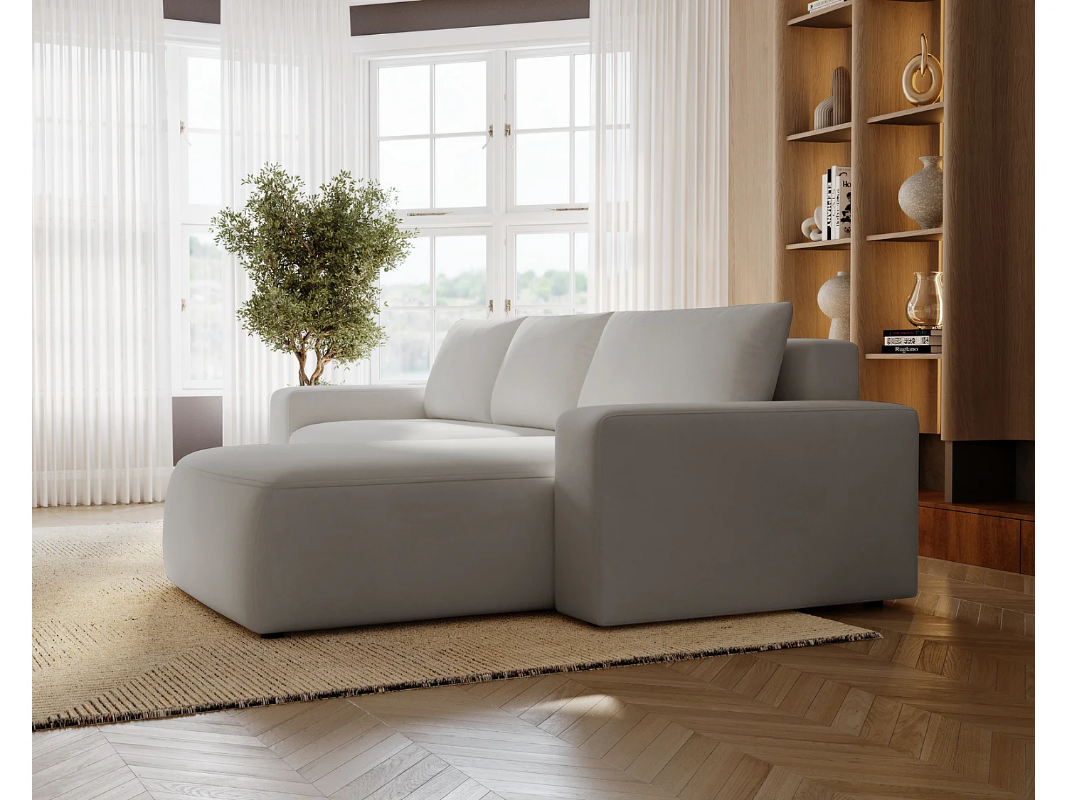 Emporius Aldo L rechts Hoekbank met slaapfunctie en bedlade, Sofa 250x165 cm - woonkamerbank lichtgrijs (Komodo 20)