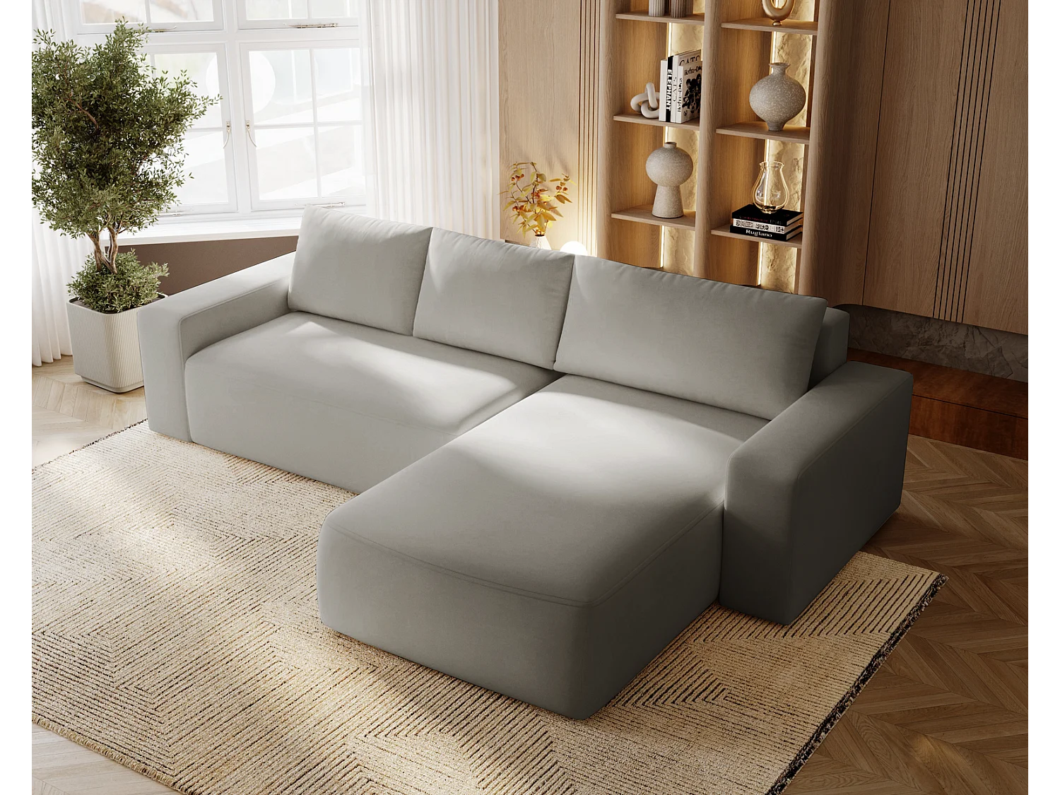 Emporius Aldo L narożnik do salonu - sofa z funkcją spania i pojemnikiem - nowoczesny styl, prawostronny, tkanina aksamitna, jasny szary (Komodo 20)