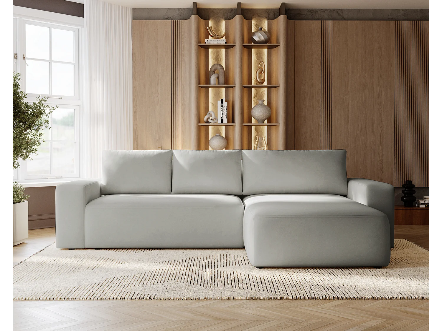 Emporius Aldo L narożnik do salonu - sofa z funkcją spania i pojemnikiem - nowoczesny styl, prawostronny, tkanina aksamitna, jasny szary (Komodo 20)