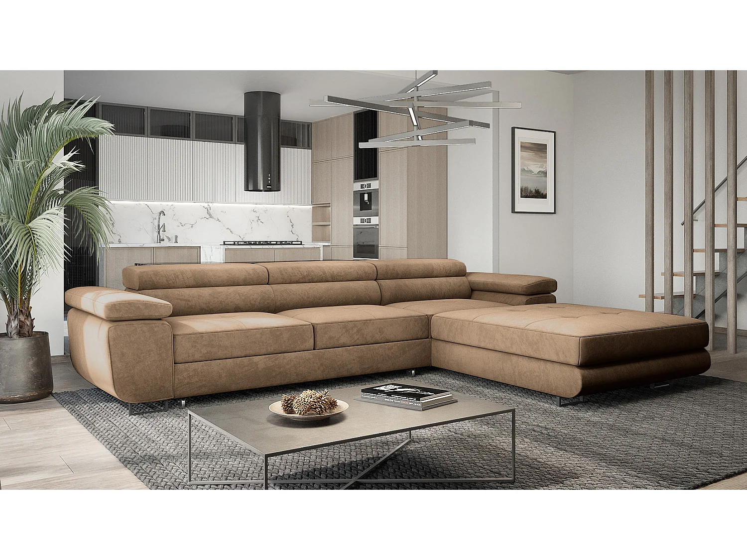 Emporius Sorlo Twin rechts Hoekbank met slaapfunctie - 3-zitsbank, sofa 280 cm met bedlade bruin (Monolith 09)