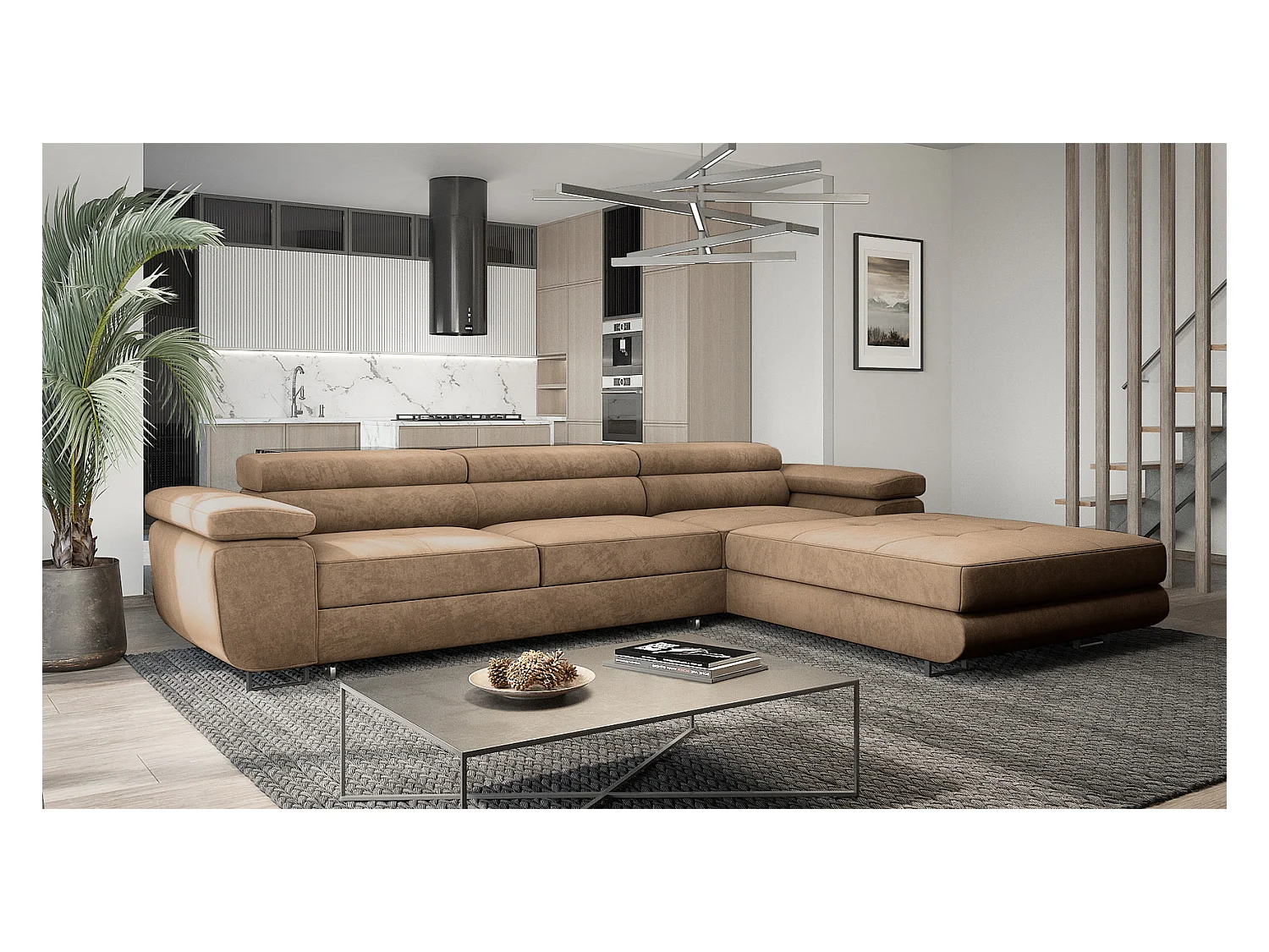 Emporius Sorlo Twin Droit Canapé d'angle 280 cm, Coffre de Rangement, têtières réglables - Canapé d'angle Convertible Brun (Monolith 09)
